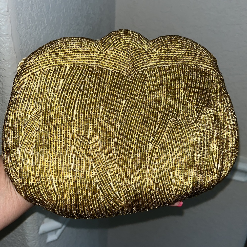 Vintage 70’s-80’s gold seed bead clutch evening bag  magnetic closure satin cord
